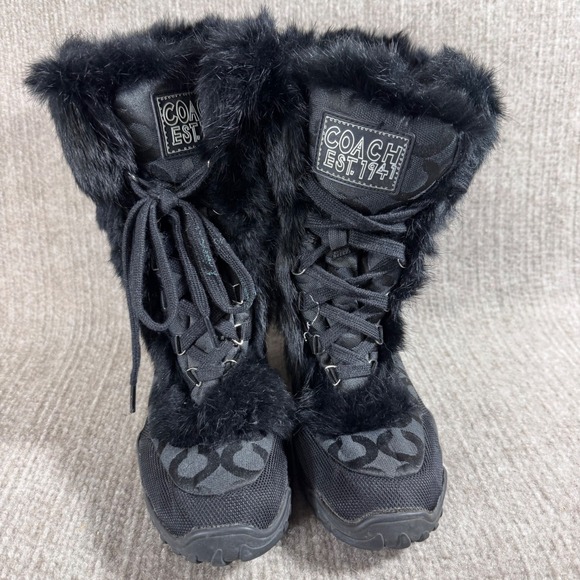 Coach Black Signature Fur Trimmed Winter Boots Size 6B Jennie Style F00710JG - Picture 3 of 9